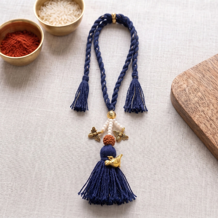 Royal Blue Rudraksha Bird Tassel Lumba Rakhi