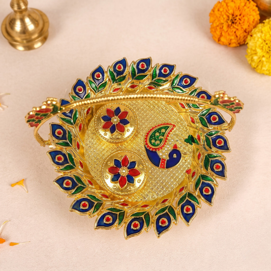 Gold Meenakari Peacock Puja Thali with 2 bowls