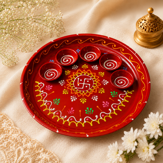 Hand-Painted Red Swastik Puja Thali with 5 bowls