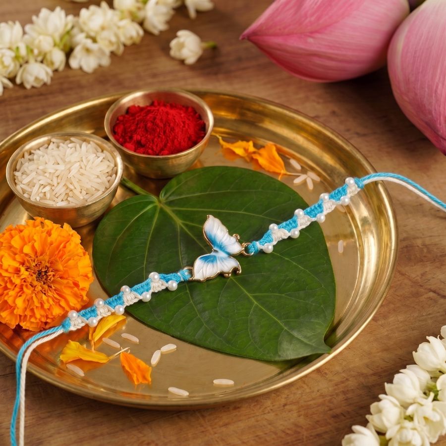 Sky Blue Butterfly Pearl Rakhi