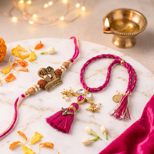 Divine Shivling Designer & Pink Mirror Tassel Designer Lumba Rakhi Set of 2