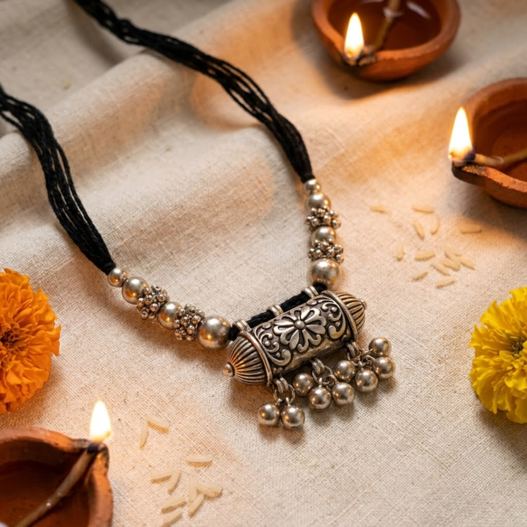 2 in 1 Phool Dholki Black Dori Oxidised Necklace/ Arm Bracelet