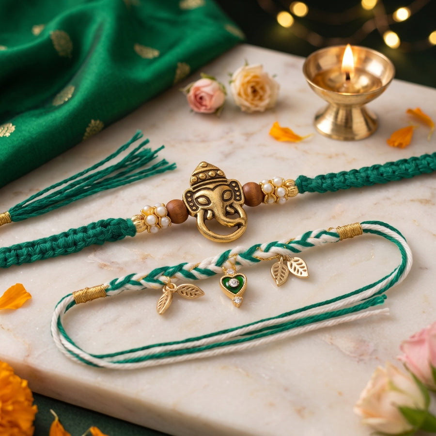 Ganesha & Emerald Charm Rakhi Set of 2
