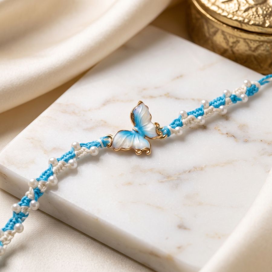 Sky Blue Butterfly Pearl Rakhi