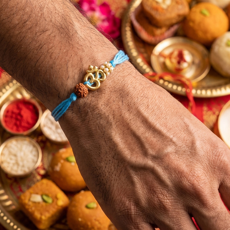 Om Rudraksha Pearl Rakhi Sky Blue