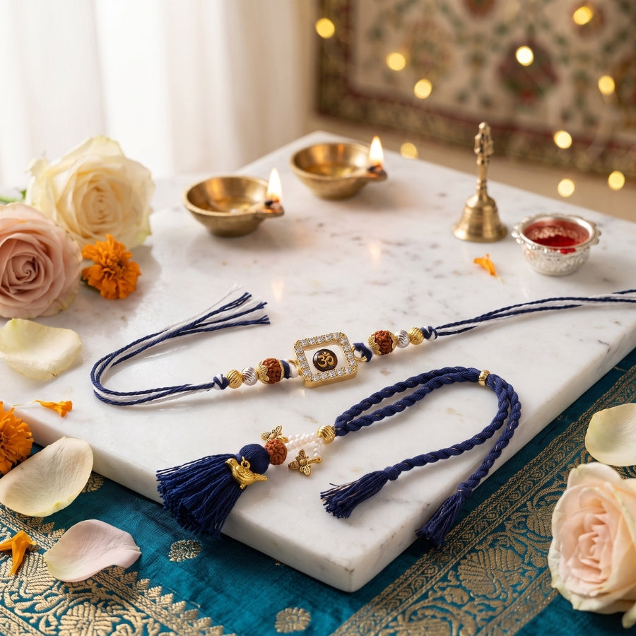 Om Divine Crystal & Royal Blue Rudraksha Bird Tassel Lumba Rakhi Set of 2