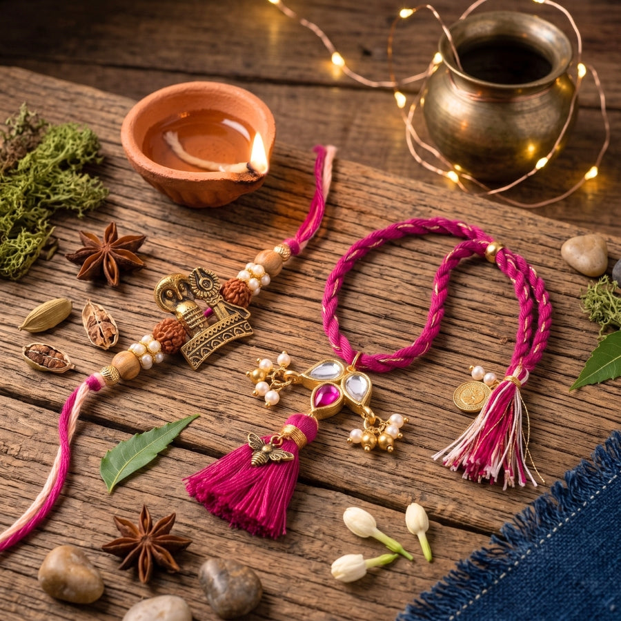 Divine Shivling Designer & Pink Mirror Tassel Designer Lumba Rakhi Set of 2