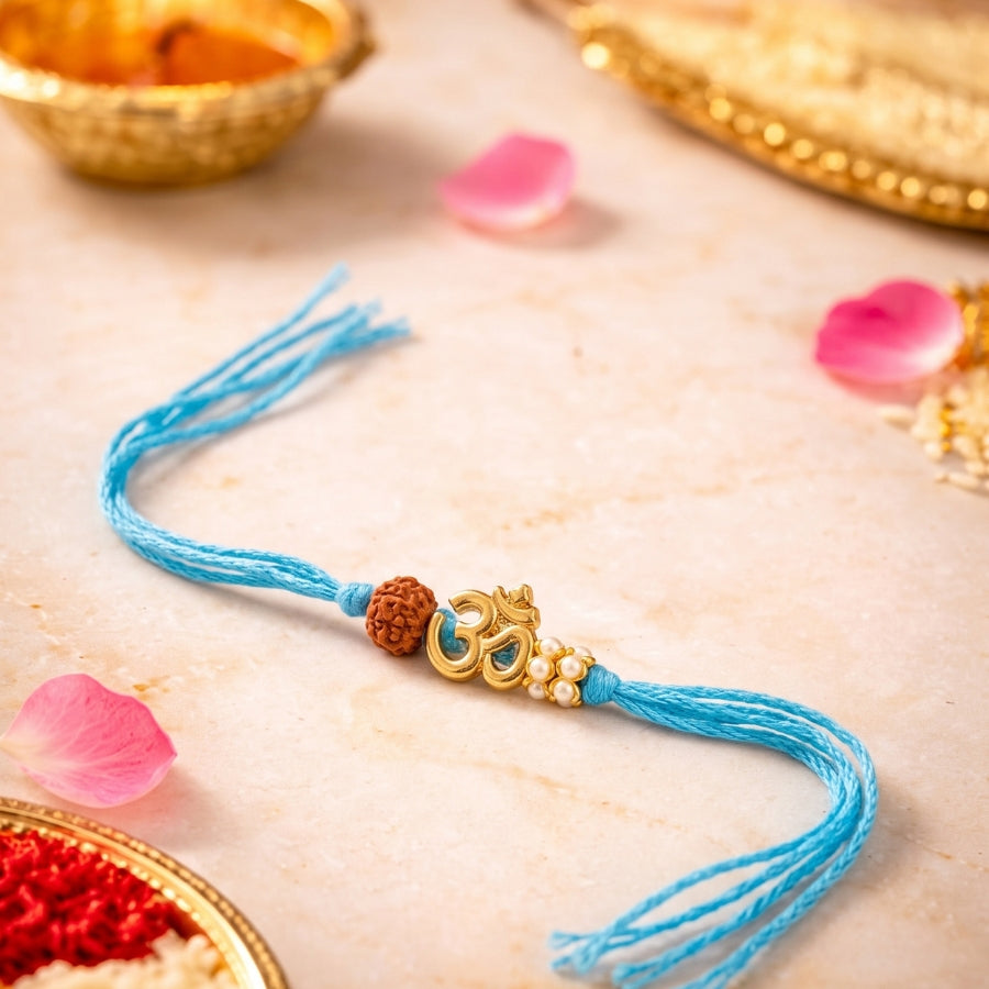 Om Rudraksha Pearl Rakhi Sky Blue