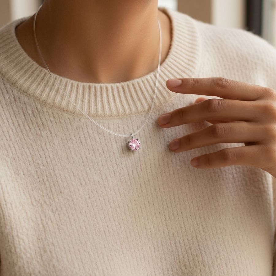 Invisible Solitaire Necklace — Pink / Silver-tone — photo 1