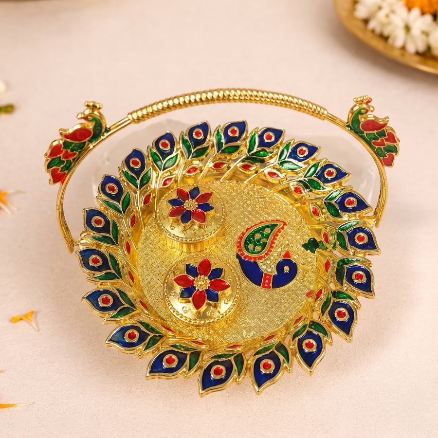 Gold Meenakari Peacock Puja Thali, close-up