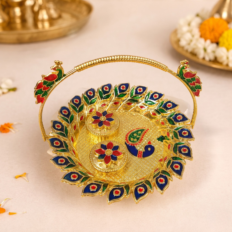 Gold Meenakari Peacock Puja Thali, angle view