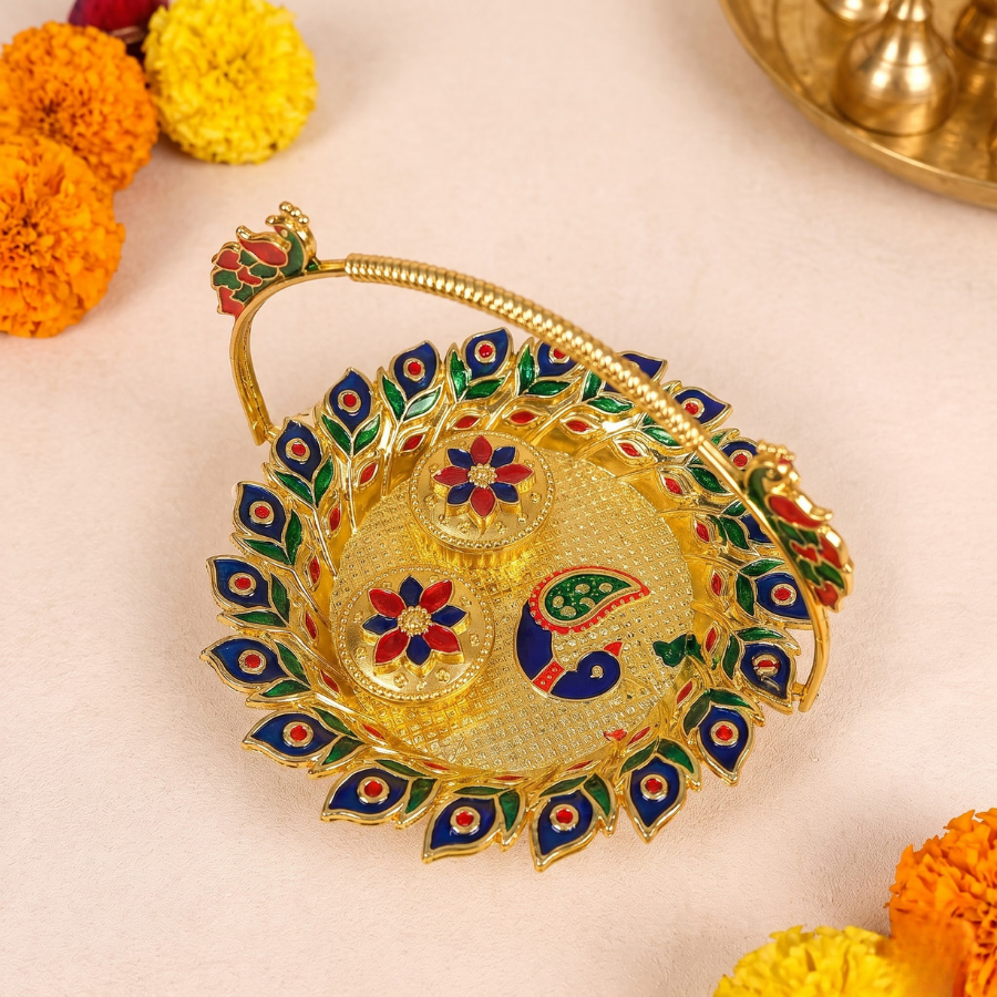 Gold Meenakari Peacock Puja Thali, detail