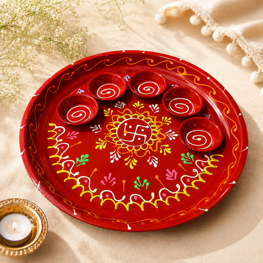 Hand-Painted Red Swastik Puja Thali, close-up