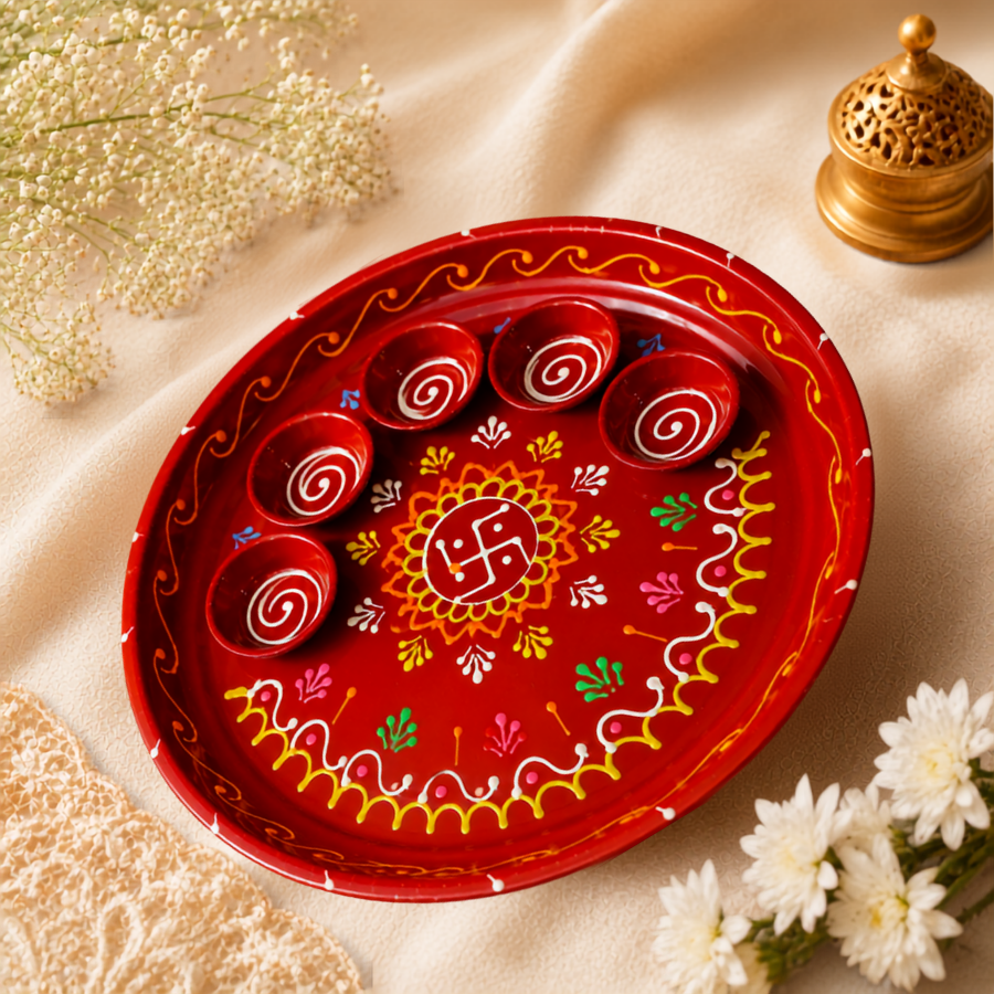 Hand-Painted Red Swastik Puja Thali, angle view