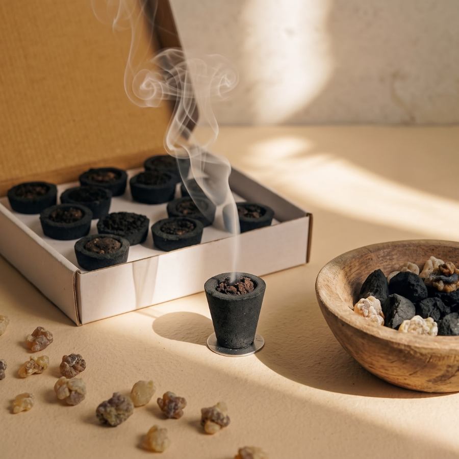 Sambrani Dhoop Cups Charcoal, lit with smoke