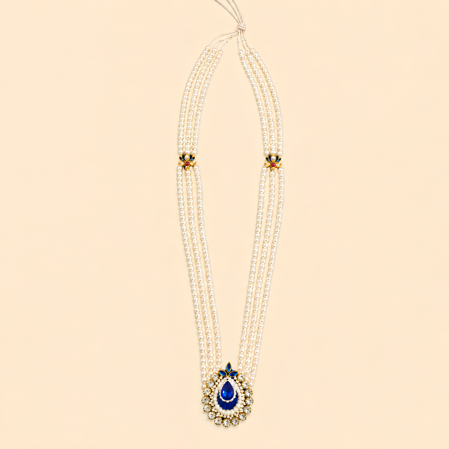 Pearl and Blue Kundan Teardrop Shringar Haar