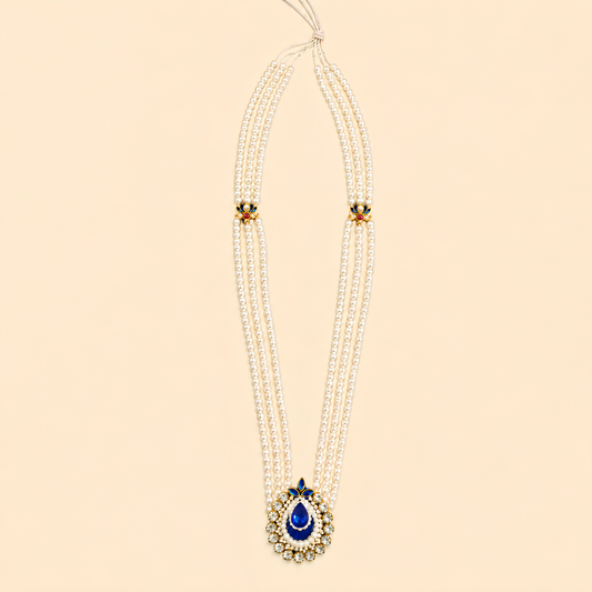 Pearl and Blue Kundan Teardrop Shringar Haar