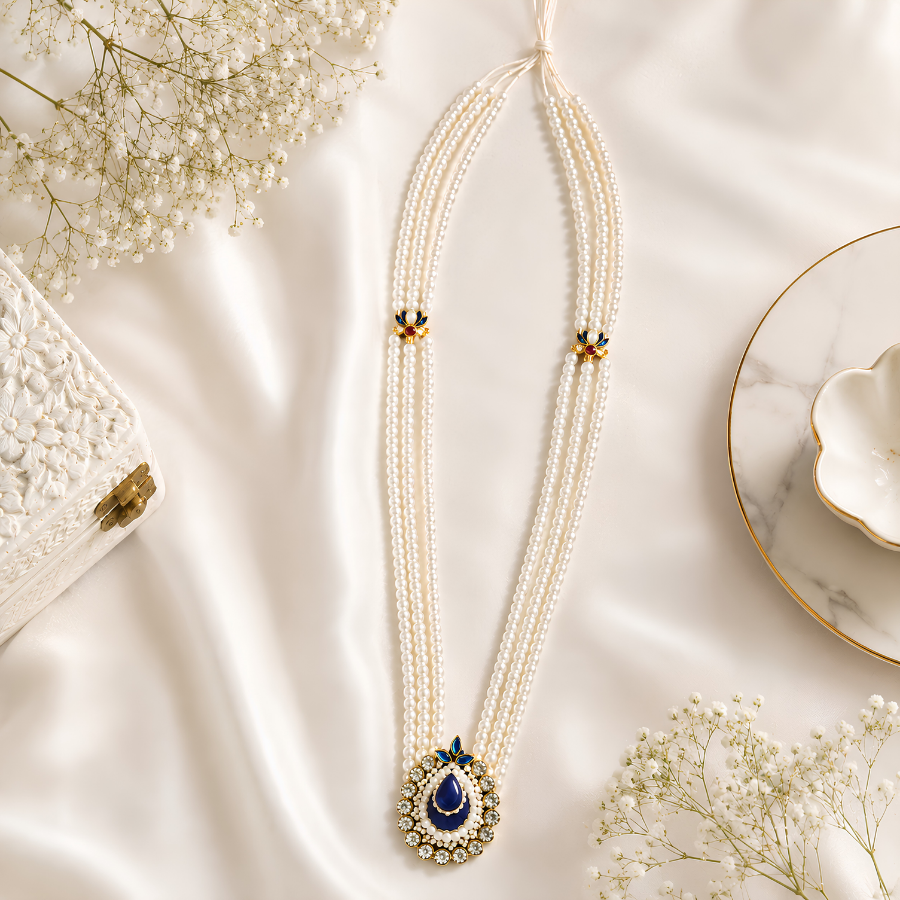 Pearl and Blue Kundan Teardrop Shringar Haar, close-up