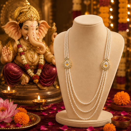 Pearl and Gold Kundan Layered Shringar Haar, detail