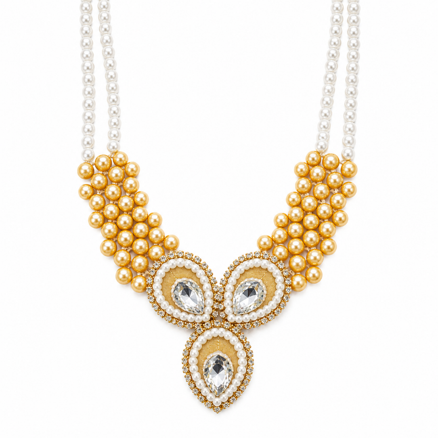 Gold Pearl and Crystal Drop Shringar Haar