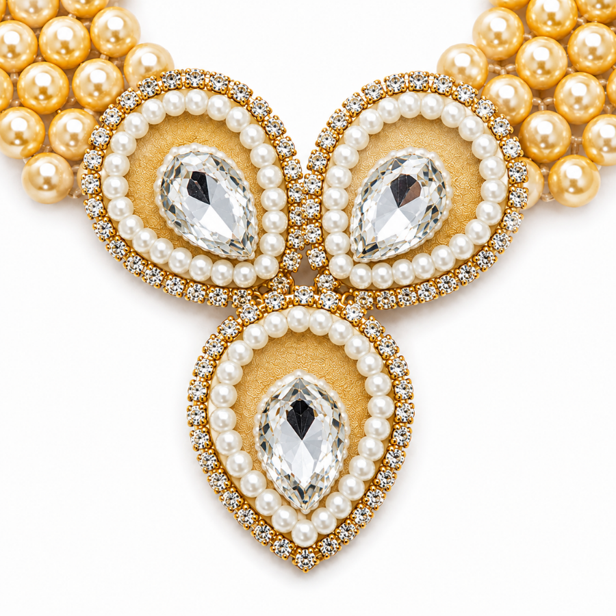 Gold Pearl and Crystal Drop Shringar Haar, close-up
