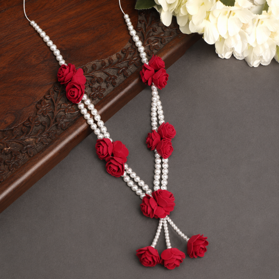 Red Rose and Pearl Garland Shringar Haar, close-up