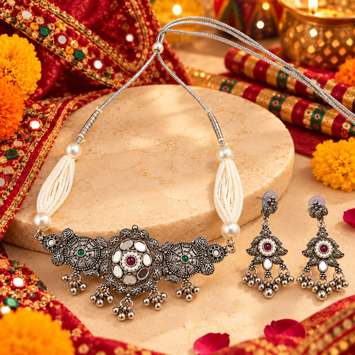 Phool Mandal Beaded Oxidised Necklace Set - view 3