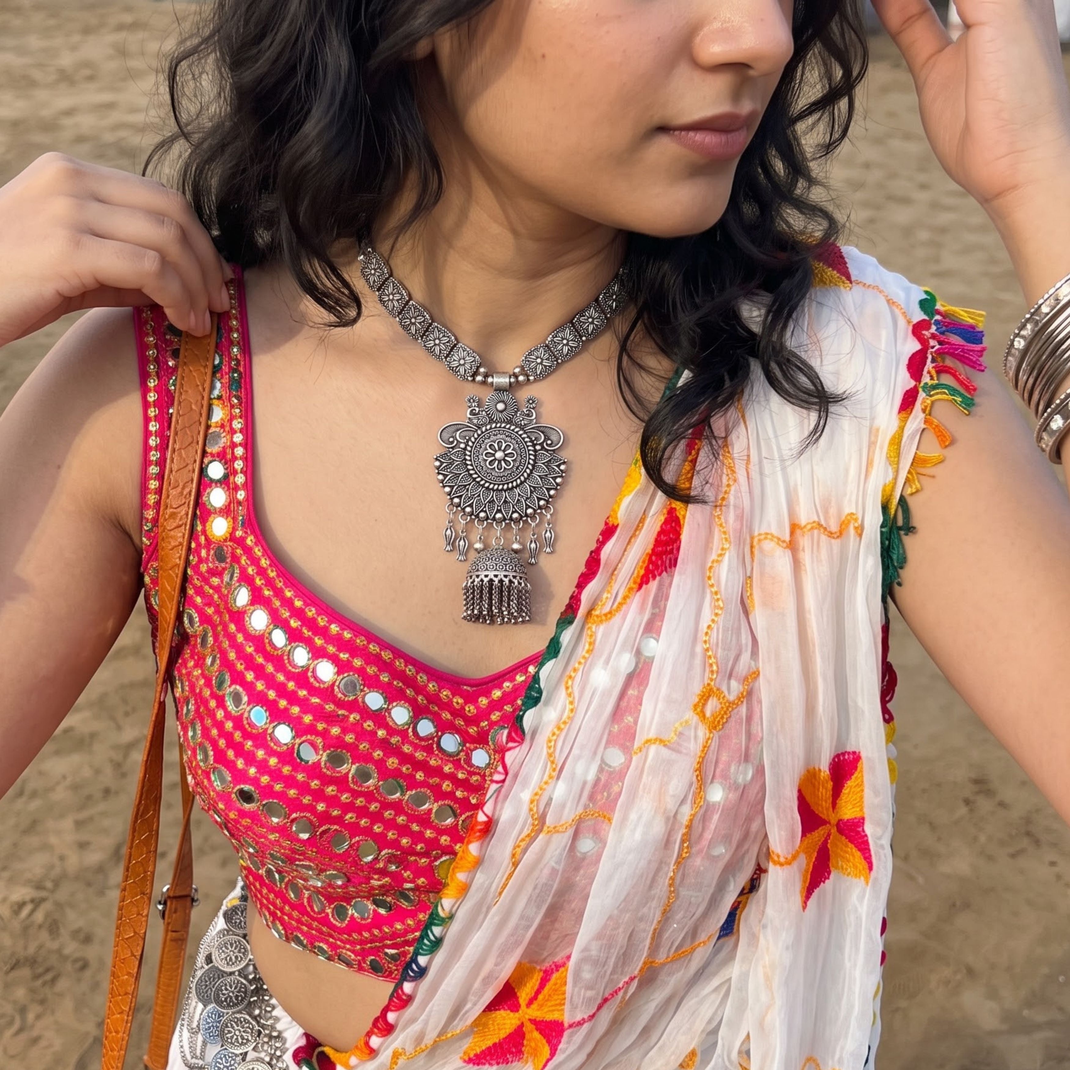 Navratri Sunburst Tassel Oxidised Necklace Set - view 5
