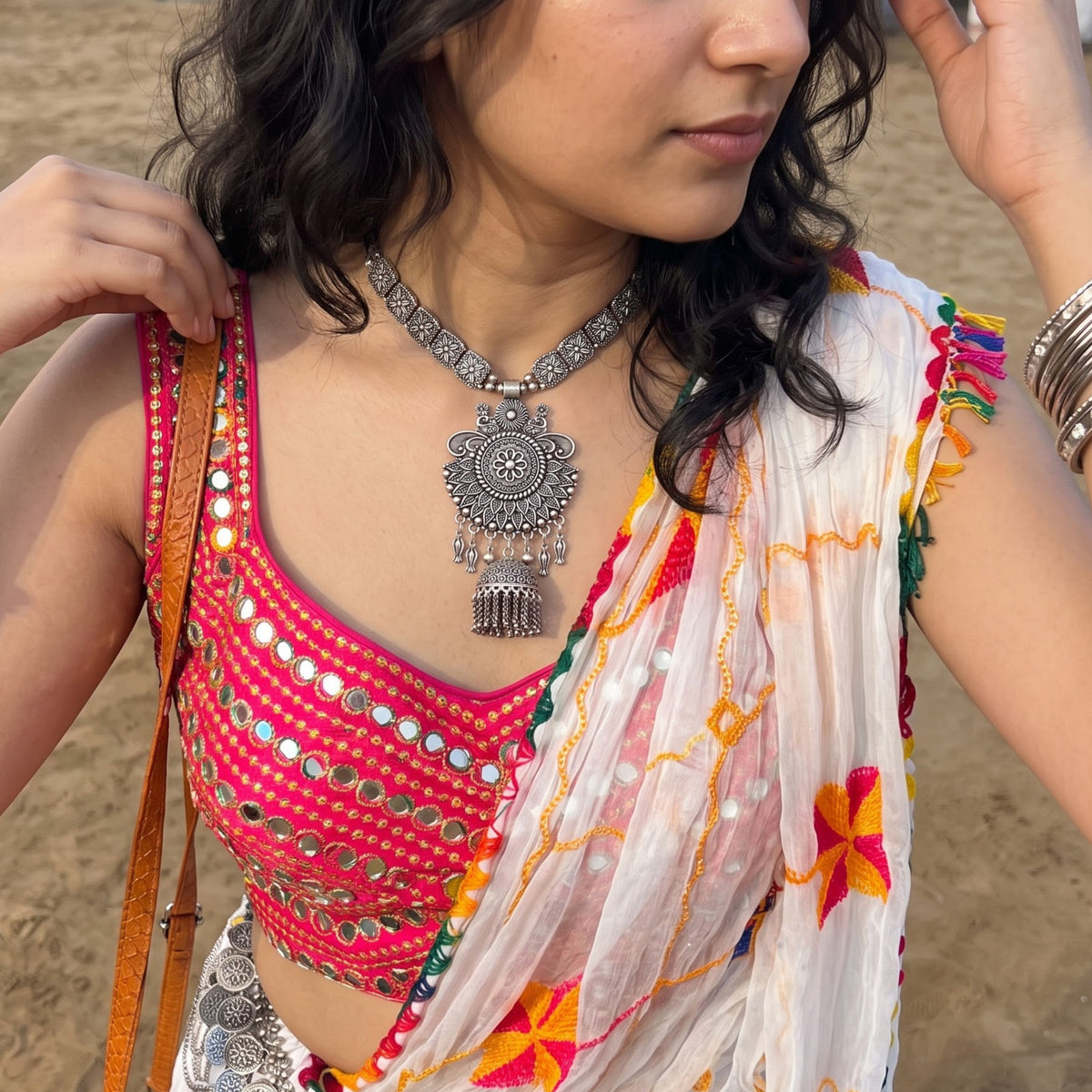 Navratri Sunburst Tassel Oxidised Necklace Set - view 5