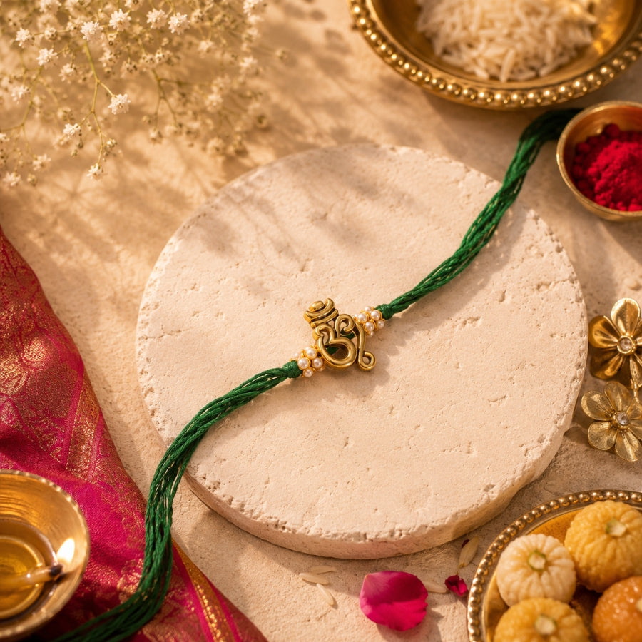 Antique Om Pearl Rakhi Green